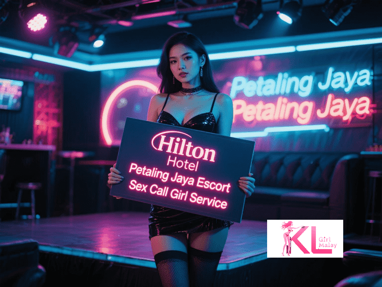 KL Girl Malay Escort Kuala Lumpur escort holding Hilton Petaling Jaya sign, in nightclub Malaysia Escort Girl Service