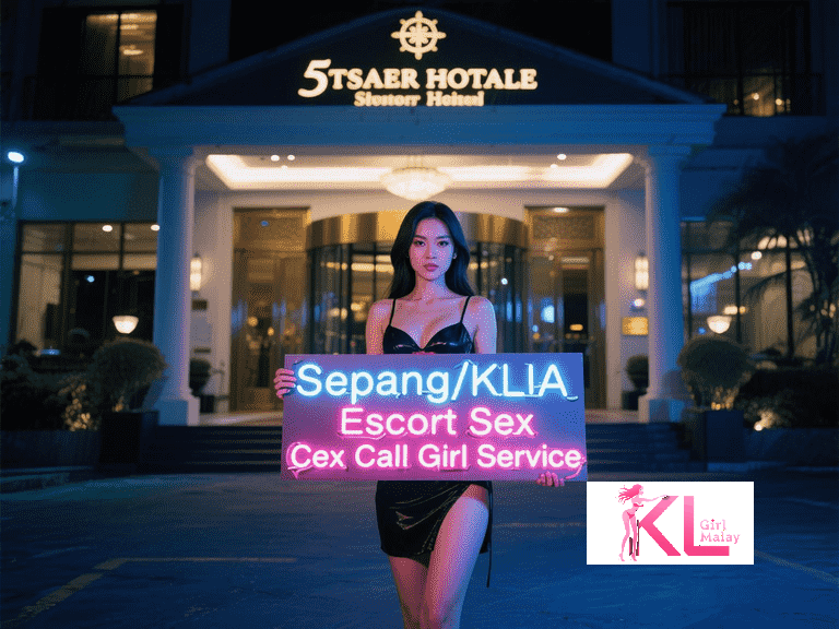 KL Girl Malay Escort Woman in black dress holding Sepang/KLIA escort service sign in front of hotel Malaysia Escort Girl Service