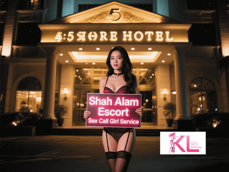 KL Girl Malay Escort Shah Alam escort holding sign outside hotel, advertising sex call girl service. Malaysia Escort Girl Service